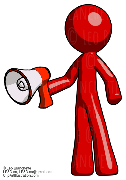 Red Design Mascot Man Holding Megaphone Bullhorn Facing Right #10241