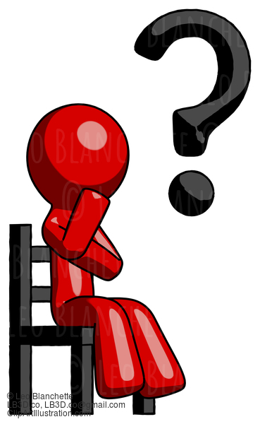 Red Design Mascot Man Question Mark Concept, Sitting On Chair Thinking #10243