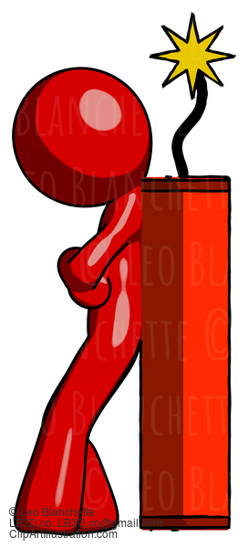 Red Design Mascot Man Leaning Against Dynimate, Large Stick Ready To Blow #10245