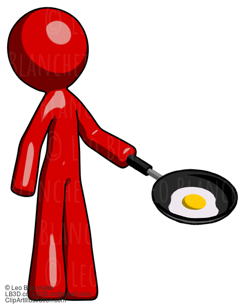 Red Design Mascot Man Frying Egg In Pan Or Wok Facing Right #10246