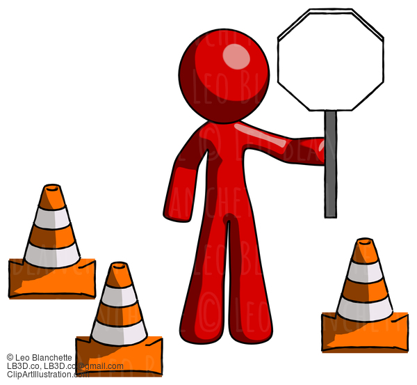 Red Design Mascot Man Holding Stop Sign By Traffic Cones Under Construction Concept #10247