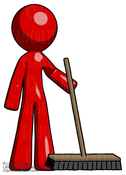 Red Design Mascot Man Standing With Industrial Broom #10249