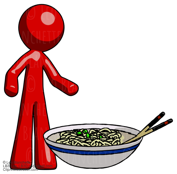 Red Design Mascot Man And Noodle Bowl, Giant Soup Restaraunt Concept #10256