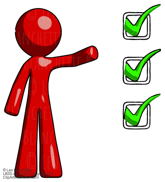 Red Design Mascot Man Standing By List Of Checkmarks #10257