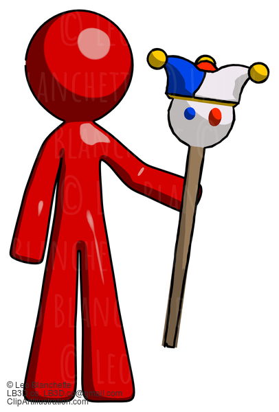 Red Design Mascot Man Holding Jester Staff #10258