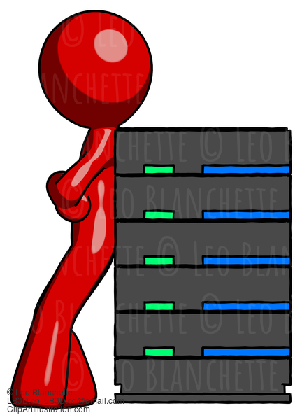 Red Design Mascot Man Resting Against Server Rack #10259