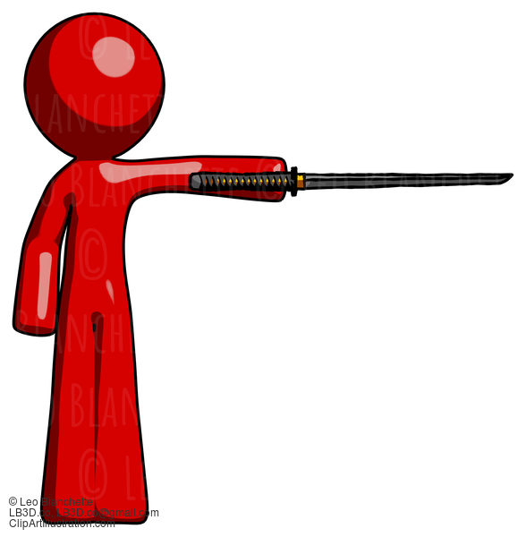 Red Design Mascot Man Standing With Ninja Sword Katana Pointing Right #10261