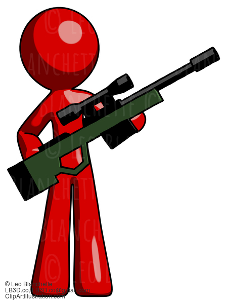 Red Design Mascot Man Holding Sniper Rifle Gun #10263