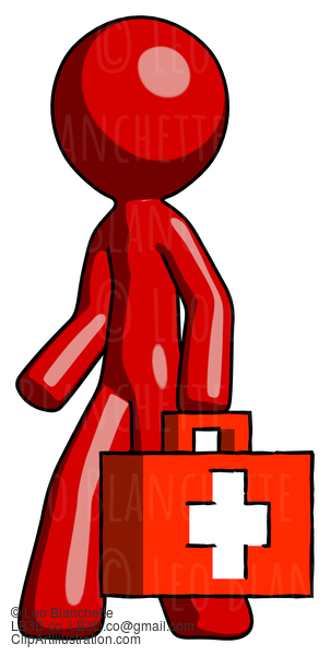 Red Design Mascot Man Walking With Medical Aid Briefcase To Left #10265