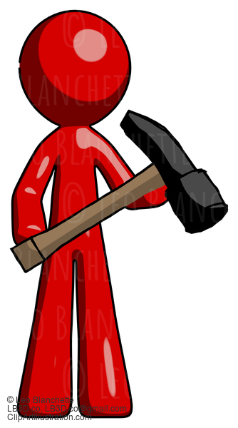 Red Design Mascot Man Holding Hammer Ready To Work #10266