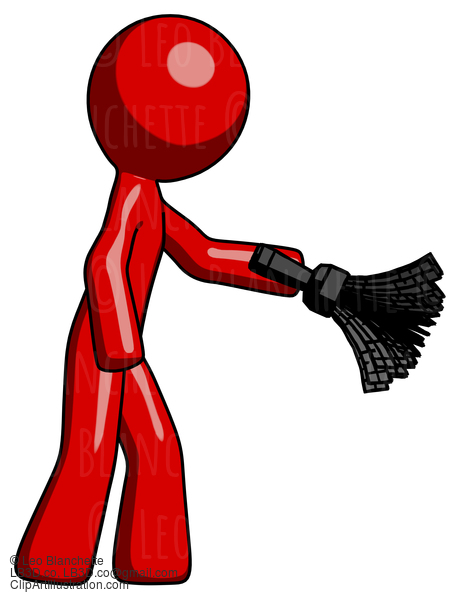 Red Design Mascot Man Dusting With Feather Duster Downwards #10271