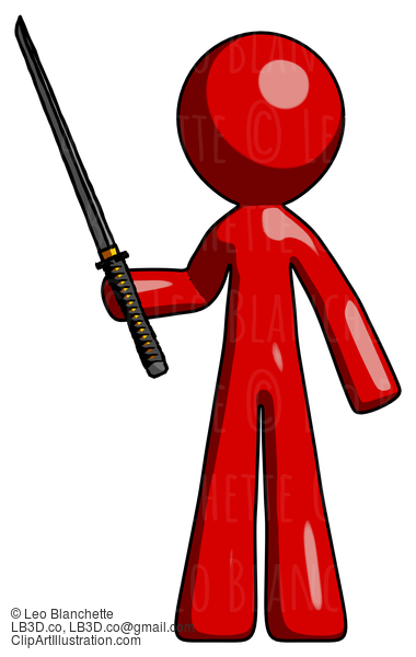 Red Design Mascot Man Standing Up With Ninja Sword Katana #10273