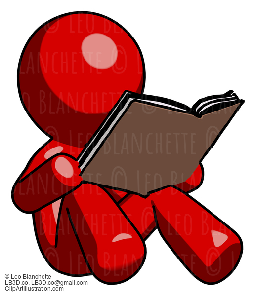 Red Design Mascot Man Reading Book While Sitting Down #10274