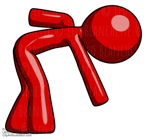 Red Design Mascot Man Picking Something Up Bent Over #10275