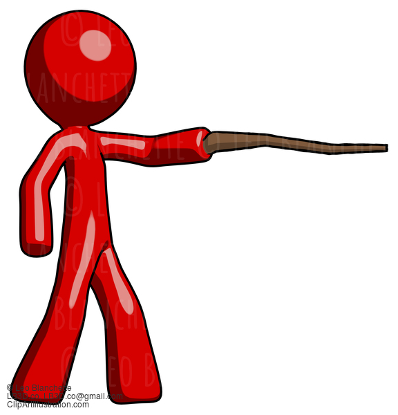 Red Design Mascot Man Pointing With Hiking Stick #10276