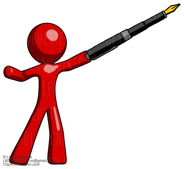 Red Design Mascot Man Pen Is Mightier Than The Sword Calligraphy Pose #10280