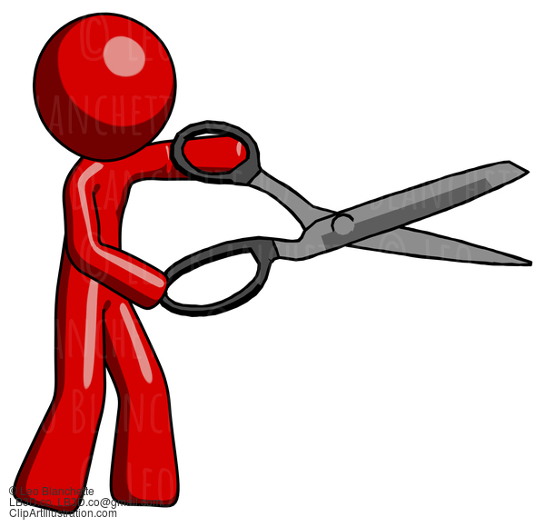 Red Design Mascot Man Holding Giant Scissors Cutting Out Something #10281