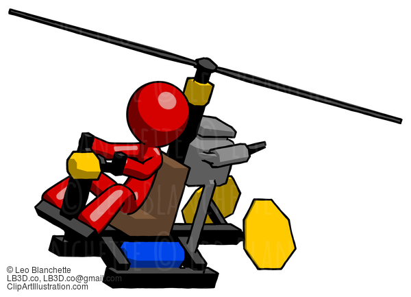 Red Design Mascot Man Flying In Gyrocopter Front Side Angle Top View #10282