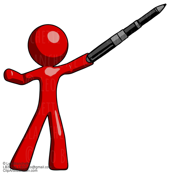 Red Design Mascot Man Demonstrating That Indeed The Pen Is Mightier #10285