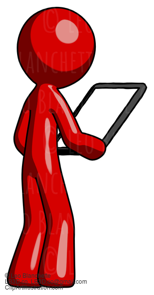 Red Design Mascot Man Looking At Tablet Device Computer Facing Away #10286