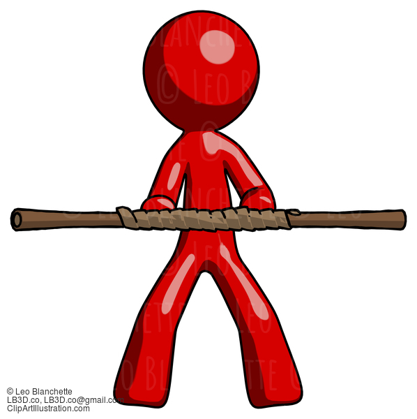 Red Design Mascot Man Bo Staff Kung Fu Defense Pose #10287