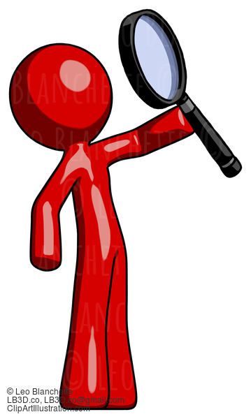 Red Design Mascot Man Inspecting With Large Magnifying Glass Facing Up #10289