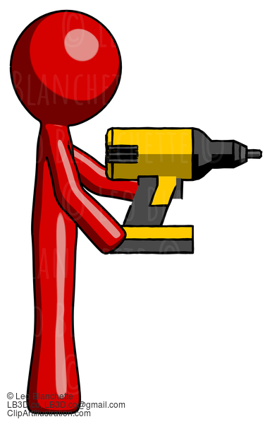 Red Design Mascot Man Using Drill Drilling Something On Right Side #10290