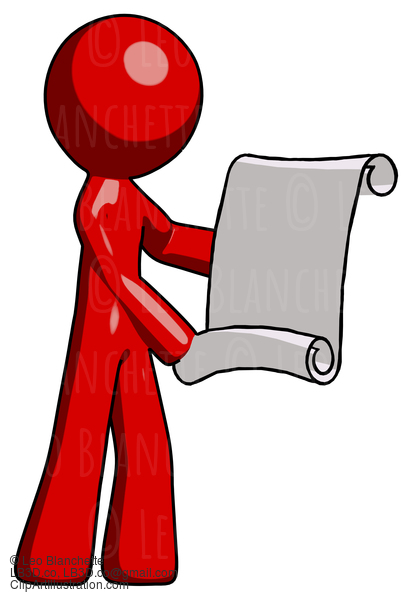 Red Design Mascot Man Holding Blueprints Or Scroll #10291