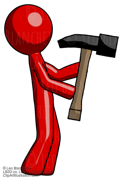 Red Design Mascot Man Hammering Something On The Right #10294