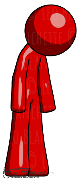 Red Design Mascot Man Depressed With Head Down Turned Right #10297