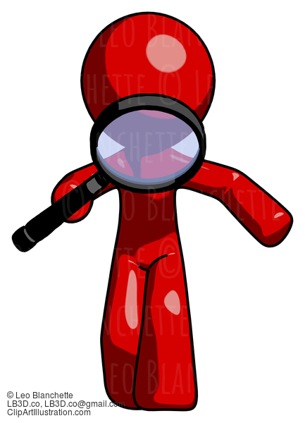 Red Design Mascot Man Looking Down Through Magnifying Glass #10299