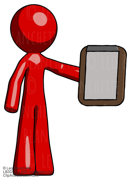 Red Design Mascot Man Showing Clipboard To Viewer #10300