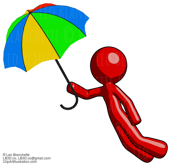 Red Design Mascot Man Flying With Rainbow Colored Umbrella #10301