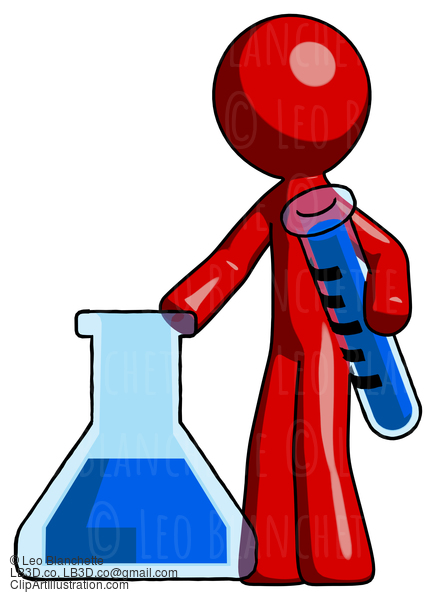 Red Design Mascot Man Holding Test Tube Beside Beaker Or Flask #10302