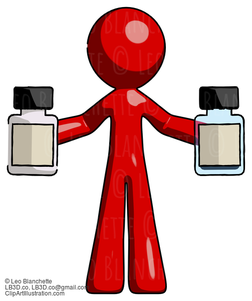 Red Design Mascot Man Holding Two Medicine Bottles #10307