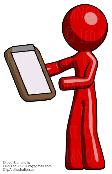 Red Design Mascot Man Reviewing Stuff On Clipboard #10308