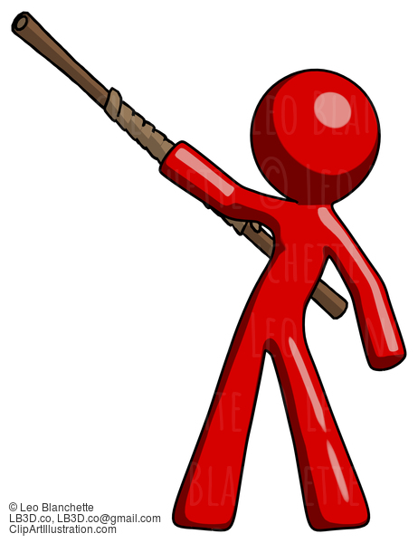 Red Design Mascot Man Bo Staff Pointing Up Pose #10310