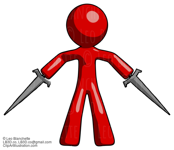 Red Design Mascot Man Two Sword Defense Pose #10311