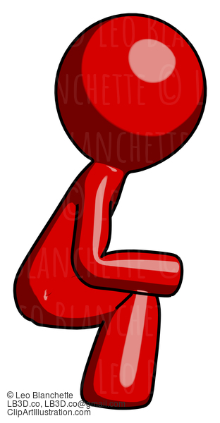 Red Design Mascot Man Squatting Facing Right #10312