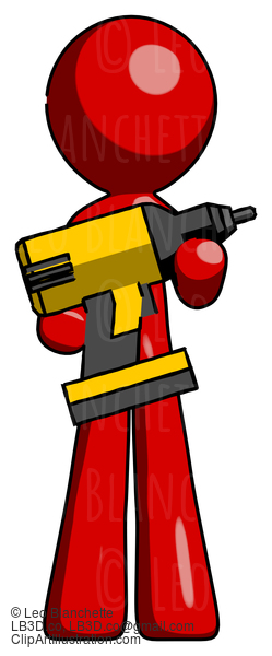 Red Design Mascot Man Holding Large Drill #10313