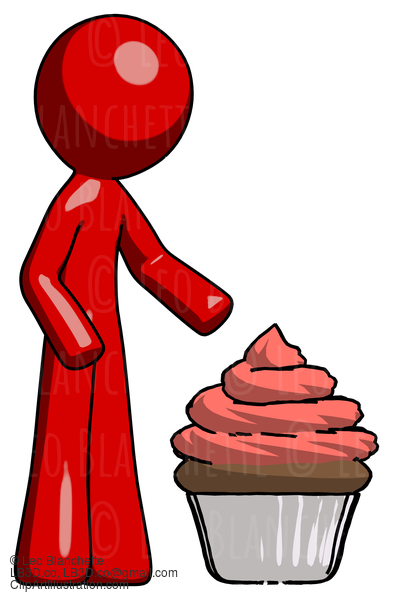 Red Design Mascot Man With Giant Cupcake Dessert #10316