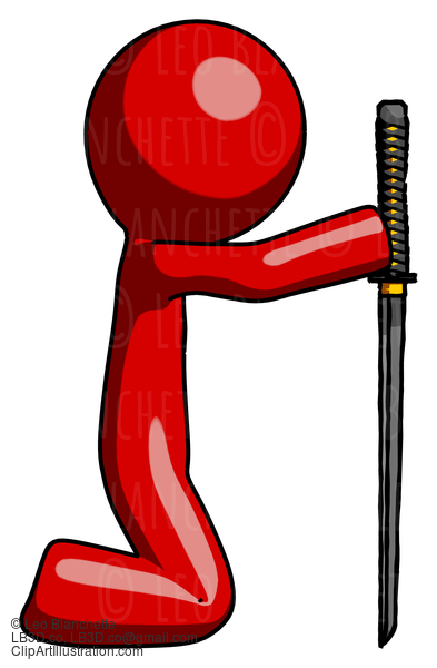 Red Design Mascot Man Kneeling With Ninja Sword Katana Showing Respect #10319