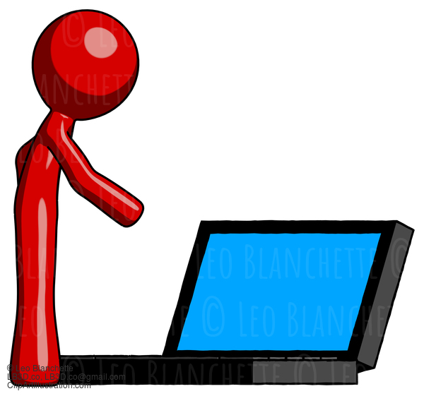 Red Design Mascot Man Using Large Laptop Computer Side Orthographic View #10322