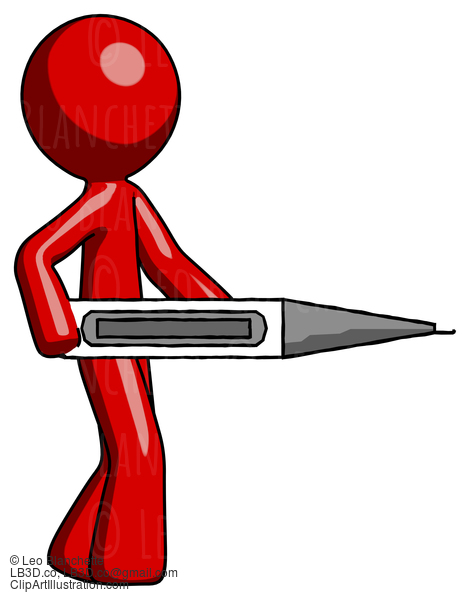 Red Design Mascot Man Walking With Large Thermometer #10323