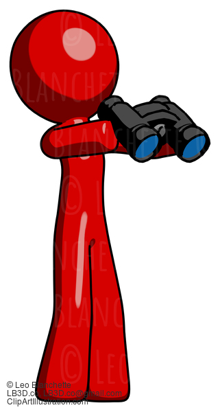 Red Design Mascot Man Holding Binoculars Ready To Look Right #10325