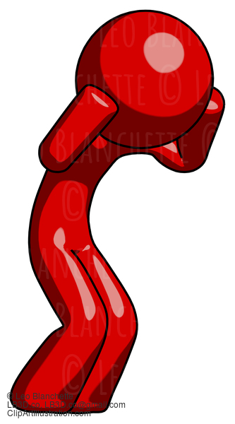 Red Design Mascot Man With Headache Or Covering Ears Turned To His Right #10327