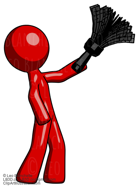 Red Design Mascot Man Dusting With Feather Duster Upwards #10329