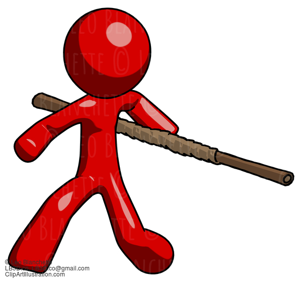 Red Design Mascot Man Bo Staff Action Hero Kung Fu Pose #10332