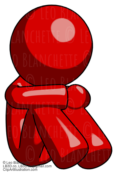 Red Design Mascot Man Sitting With Head Down Facing Angle Right #10335