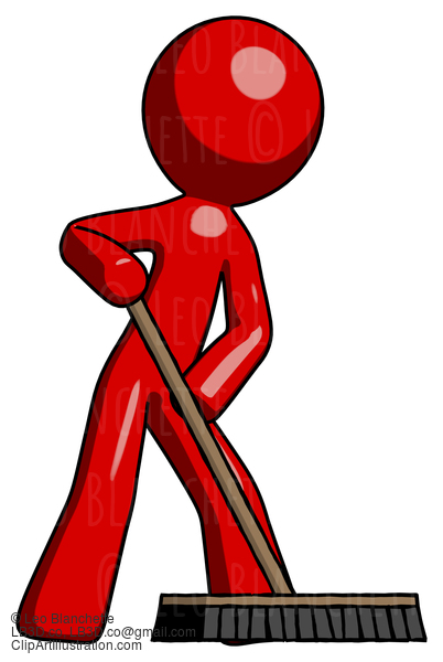 Red Design Mascot Man Cleaning Services Janitor Sweeping Floor With Push Broom #10336